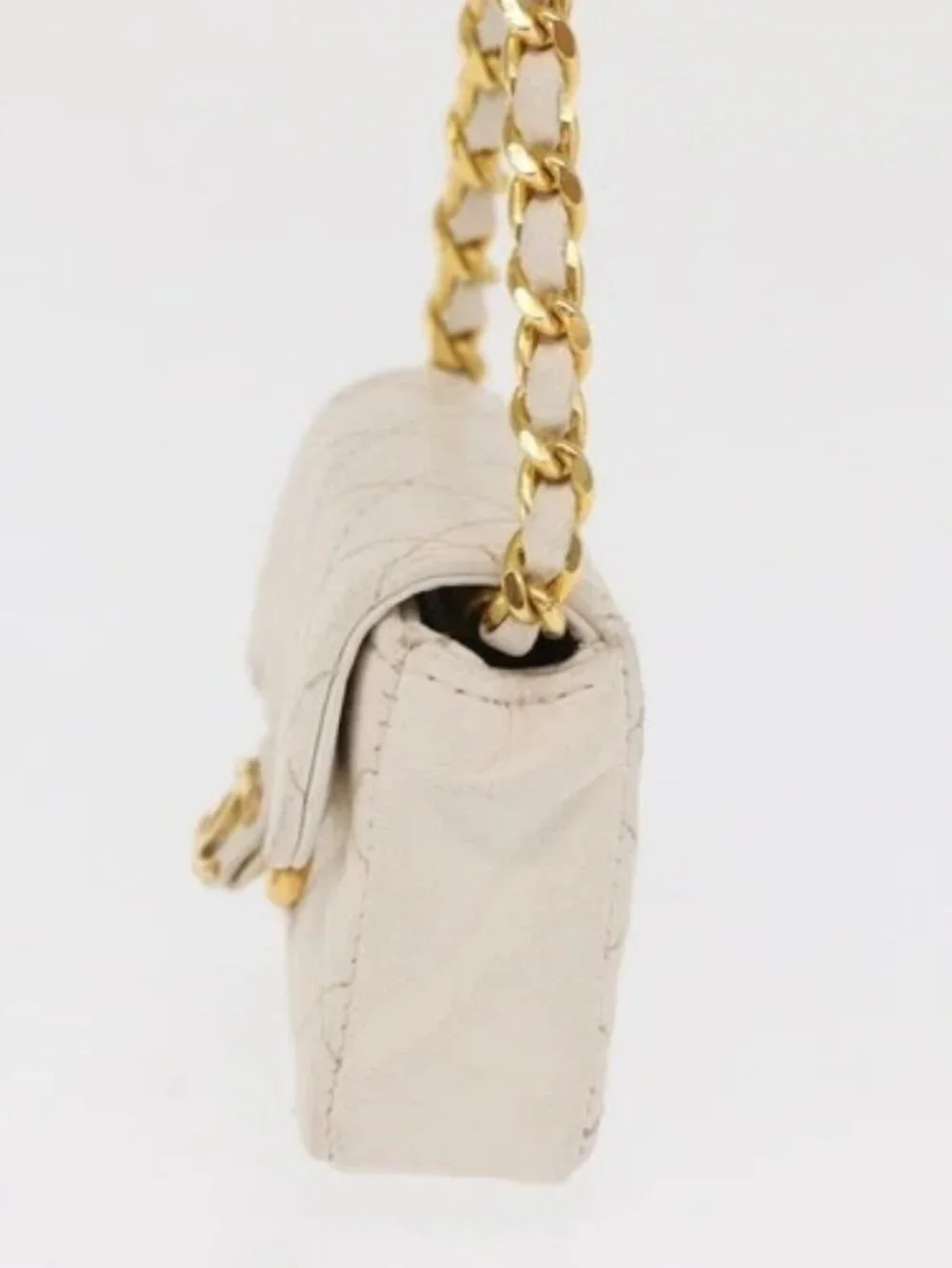 CHANEL Matelasse Key Holder Lamb Skin White Gold CC Auth bs33121